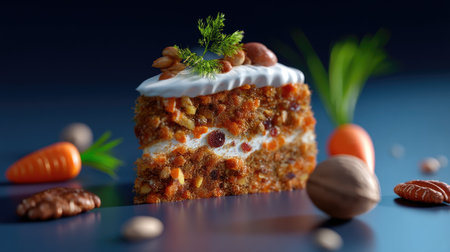 A visually appealing slice of carrot cake featuring rich layers, cream frosting, and a sprinkle of nuts, complemented by fresh ingredients, ideal for dessert lovers.の素材