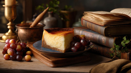 A mouth-watering slice of cheesecake presented on a rustic wooden table, surrounded by fresh grapes and vintage books, creating a warm ambiance.の素材
