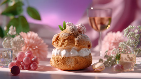 A delightful arrangement showcases a cream puff filled with whipped cream and topped with fresh strawberries, surrounded by floral decor and a glass of rosの素材