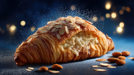 A beautifully crafted croissant filled with creamy goodness and adorned with almond flakes. The image features a textured background with soft bokeh, perfect for food enthusiasts.の素材