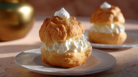 Two delightful cream puff pastries filled with whipped cream, beautifully presented on white plates with an elegant golden background, ideal for dessert lovers.の素材