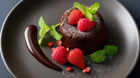 A decadent chocolate cake topped with fresh raspberries and mint, elegantly presented on a dark plate, perfect for dessert lovers and special occasions.の素材