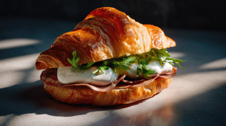 A mouthwatering croissant sandwich filled with ham, mozzarella, and fresh arugula, beautifully illuminated by natural sunlight on a rustic table. Perfect for food lovers.の素材