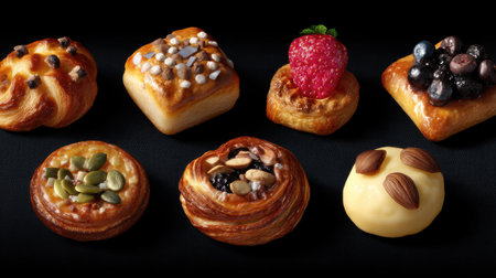 A stunning display of assorted pastries topped with fresh berries and nuts, beautifully arranged on a black background, perfect for food lovers and gourmet enthusiasts.の素材