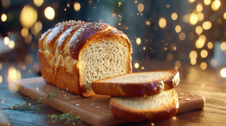 A beautifully sliced loaf of freshly baked bread on a wooden board, showcasing its golden crust and soft interior. The soft bokeh lights in the background create a warm, inviting atmosphere perfect for food photography.の素材