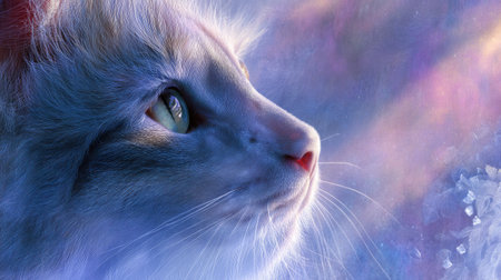 This enchanting image showcases a majestic cat gazing thoughtfully against a colorful abstract background, evoking feelings of tranquility and wonder.の素材