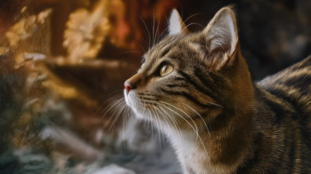 A stunning close-up portrait of a domestic cat showcasing intricate details of its fur and expressive gaze, capturing a moment of curiosity and tranquility in nature.の素材