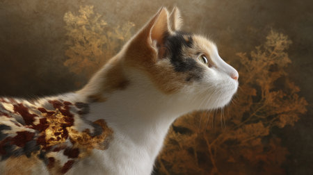 A beautiful calico cat with a striking pattern looks into the distance, set against a warm autumn-inspired background, evoking tranquility and curiosity.の素材