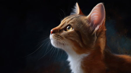A captivating portrait of a ginger cat showcasing its thoughtful gaze. The soft, dramatic lighting enhances the captivating features, creating a serene mood.の素材