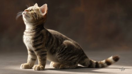 A charming tabby cat sits gracefully on the floor, gazing upwards with curiosity. The warm lighting accentuates its soft fur and playful demeanor, creating a perfect pet portrait.の素材