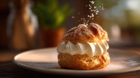 This image showcases a delectable cream puff dessert, featuring a fluffy pastry filled with whipped cream and delicately dusted with sugar.の素材
