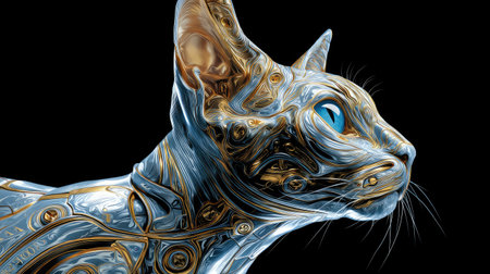 This captivating image features a futuristic robotic cat with a sleek metallic finish and striking blue eyes, set against a dark backdrop, emphasizing creativity.の素材