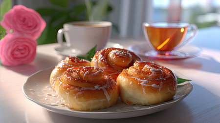 Indulge in a delightful scene featuring freshly baked cinnamon rolls drizzled with glaze, complemented by hot beverages and beautiful pink roses, evoking comfort.の素材