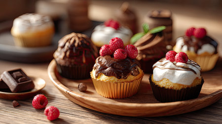 A tempting assortment of beautifully decorated cupcakes featuring luscious chocolate frosting and fresh raspberries, perfect for any celebration or gathering.の素材