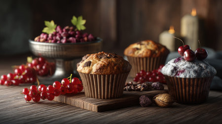 Experience the allure of freshly baked muffins, featuring rich chocolate chips and vibrant berries, presented aesthetically on a rustic wooden backdrop.の素材
