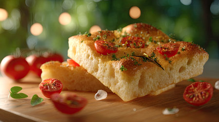 An inviting image of freshly baked focaccia bread garnished with cherry tomatoes and herbs, artfully presented on a wooden cutting board with a vibrant background.の素材