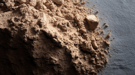 A close-up view of a brown powder pile resting on a gray textured surface. This image captures the essence of culinary ingredients and natural elements, perfect for food-related projects.の素材