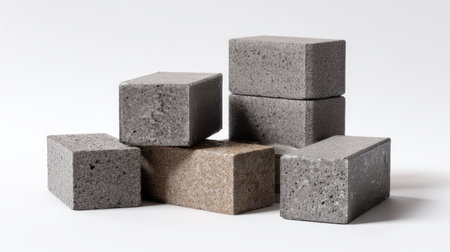A collection of concrete blocks in various shades and textures arranged artistically. Ideal for construction, design, and abstract projects.の素材