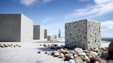 Abstract image showcasing concrete blocks placed on a surface amidst small stones, reflecting modern design principles and blending nature with architecture.の素材