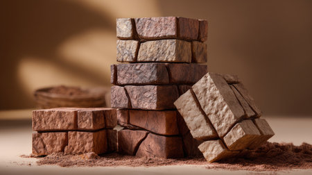 This captivating image features an artistic arrangement of textured clay blocks on a soft brown background. The warm tones and fine dust particles enhance the visual appeal, creating an inviting and rustic atmosphere perfect for design or craft projects.の素材
