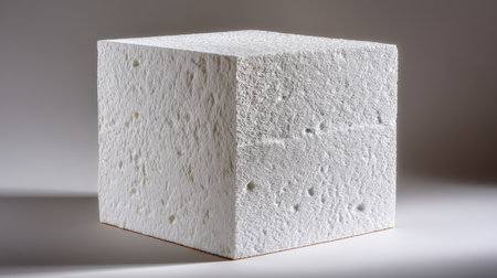 A simple white foam cube displayed on a neutral background showcases texture and minimalism, ideal for design concepts and modern architecture projects.の素材