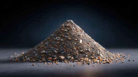 A detailed studio image showcasing a fine pile of sand mixed with small stones and pebbles, featuring intricate textures and natural colors against a dark background.の素材