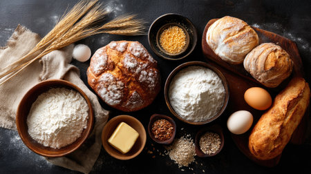 A beautifully arranged assortment of fresh baking ingredients on a dark surface, showcasing bread, flour, eggs, butter, and oats perfect for homemade treats.の素材