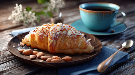 A freshly baked almond croissant served on a rustic wooden plate alongside a steaming mug of coffee, creating a cozy and inviting breakfast scene.の素材