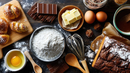 A beautiful arrangement of baking ingredients and tools on a dark wooden table, perfect for making a rich chocolate cake and delicious pastries.の素材