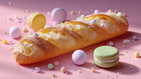 A visually appealing composition featuring a fresh baguette surrounded by colorful macarons and decorative candies on a soft pink background, creating a festive atmosphere.の素材