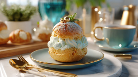 A beautifully presented cream pastry topped with mint and a gold decoration creates an elegant dessert setting. Perfect for cafes or home occasions.の素材