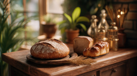 A cozy kitchen scene featuring freshly baked artisan bread and a pastry on a wooden table, surrounded by greenery and warm sunlight, perfect for a culinary setting.の素材