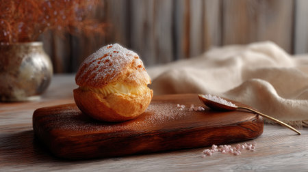 A beautifully styled cream puff sits on a rustic wooden board, dusted with sugar and accompanied by soft fabric, evoking warmth and indulgence.の素材