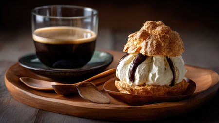 A charming presentation of a cream puff drizzled with chocolate sauce beside a cup of rich espresso coffee, perfect for dessert lovers.の素材