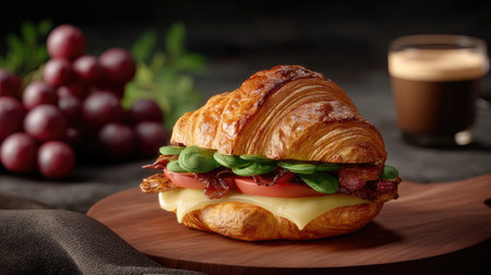 A gourmet croissant sandwich filled with cheese, bacon, tomato, and fresh greens, presented on a wooden table with coffee and grapes nearby.の素材