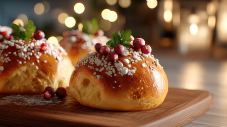 This image showcases freshly baked sweet buns topped with colorful berries and sugar sprinkles, beautifully arranged on a wooden serving board, creating a warm and inviting atmosphere perfect for any culinary setting.の素材