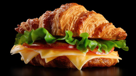 This stunning image showcases a delicious gourmet croissant sandwich layered with fresh lettuce, ripe tomato, and creamy cheese on a dark background.の素材