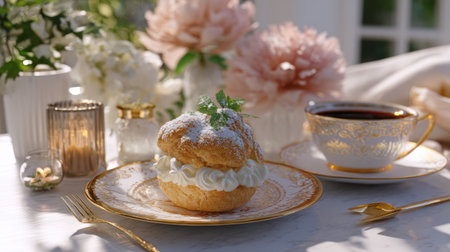 An elegant dessert featuring a cream-filled pastry, surrounded by soft floral arrangements, fine china, and a steaming cup of coffee, creating a cozy ambiance.の素材