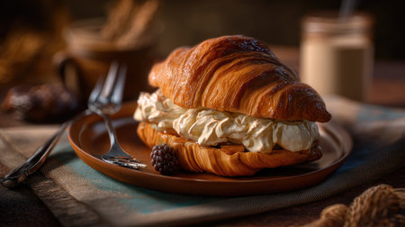 A beautifully presented croissant filled with cream and topped with a fresh berry, set on a rustic wooden table, perfect for breakfast or brunch moments.の素材