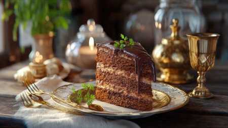A beautifully presented slice of rich chocolate cake sits on a vintage plate, surrounded by warm candlelight and elegant decor, evoking a cozy atmosphere perfect for celebrations or intimate gatherings.の素材