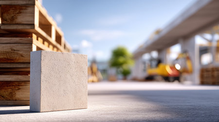 A concrete block stands prominently on a construction site, surrounded by wooden pallets and equipment, capturing a vibrant industrial atmosphere under blue skies.の素材