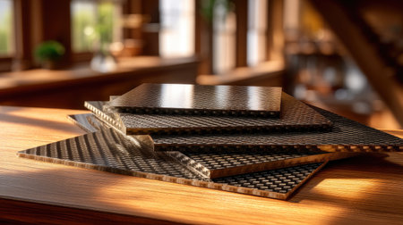 A striking display of textured composite panels stacked neatly on a polished wooden surface, showcasing intricate details and modern design aesthetics in a well-lit interior setting.の素材