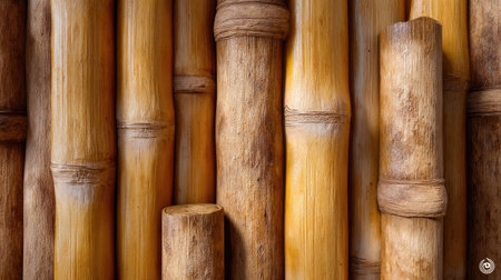 This image showcases an array of textured bamboo sticks that create a warm and inviting atmosphere, perfect for enhancing various design projects and backgrounds.の素材
