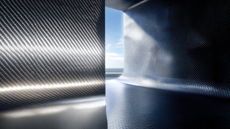 This image features a modern interior space with an open doorway leading to a bright sky and ocean view, showcasing a sleek, reflective design.の素材