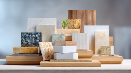 A creative display of various material samples featuring different textures and patterns, perfect for interior design projects and inspiration. Ideal for use in design presentations.の素材