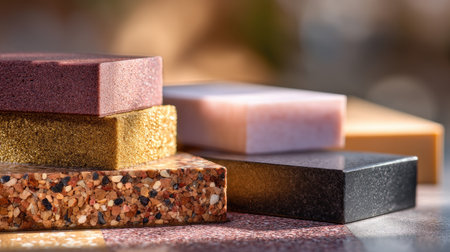 This image presents a beautiful arrangement of colorful soap bars, showcasing various textures and shapes, illuminated by soft natural light. Perfect for wellness themes.の素材