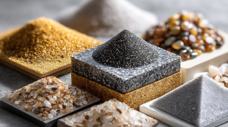 A stunning arrangement of diverse natural minerals and sands showcasing various textures and colors, ideal for arts, crafts, and decorative applications.の素材