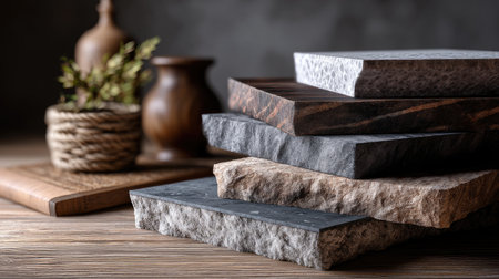 A stunning arrangement of natural stone samples showcased against a rustic wooden background, complemented by decorative elements. Ideal for design inspiration.の素材