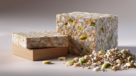 This image showcases a beautifully arranged composition of nutty confectioneries featuring granola and pistachio on a minimalist background.の素材