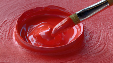 This image showcases a vibrant red paint pot alongside a paintbrush, emphasizing the beauty of color and creativity in an artistic setting.の素材